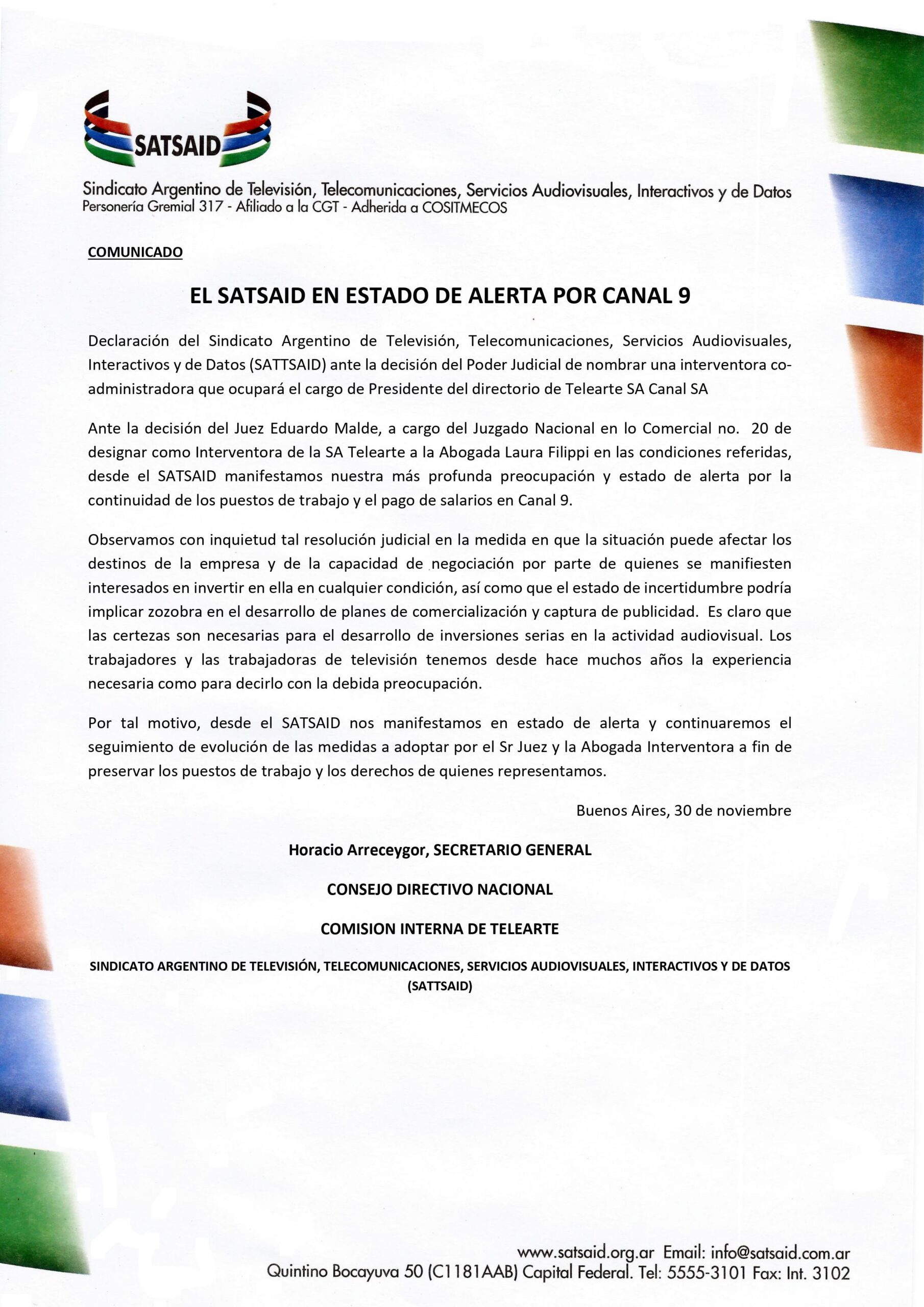 EL SATSAID EN ESTADO DE ALERTA POR CANAL 9