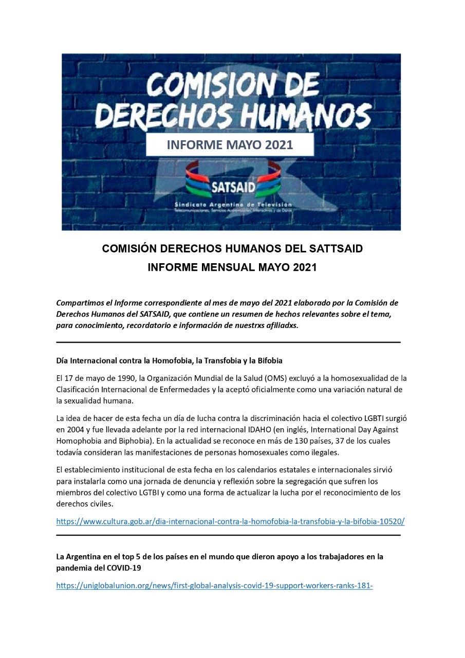 COMISIÓN DERECHOS HUMANOS DEL SATTSAID INFORME MENSUAL MAYO 2021