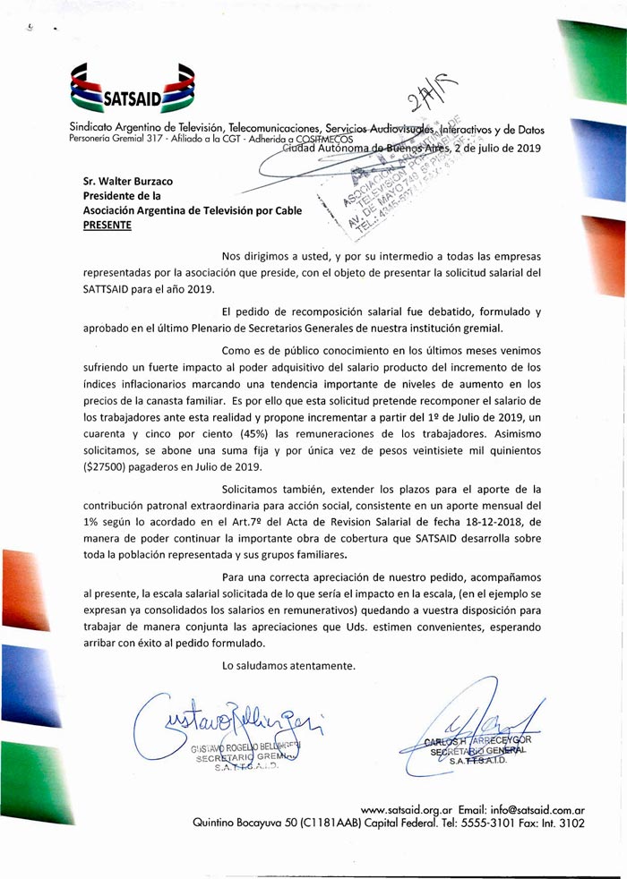 PARITARIA ATVC: PEDIDO DE AUMENTO SALARIAL 2019