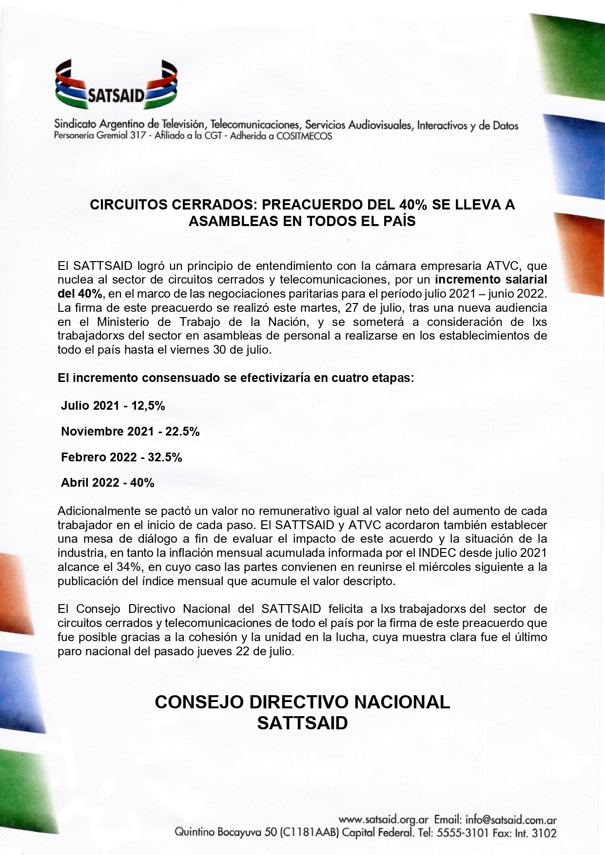 CIRCUITOS CERRADOS: PREACUERDO DEL 40% SE LLEVA A ASAMBLEAS EN TODOS EL PAÍS