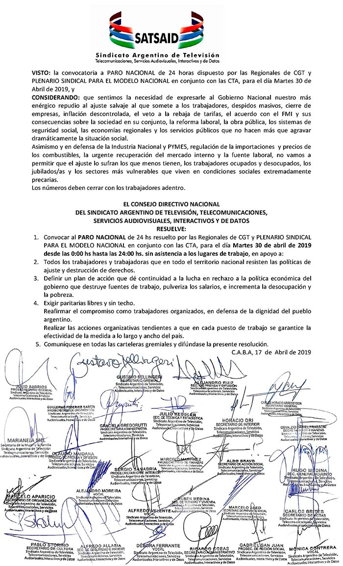 30 de abril: El SATSAID va al paro nacional