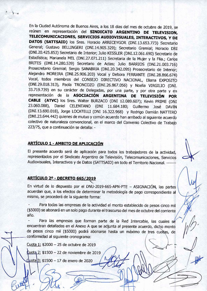 Acuerdo con ATVC por el pago de los $5000 del DNU 665-2019
