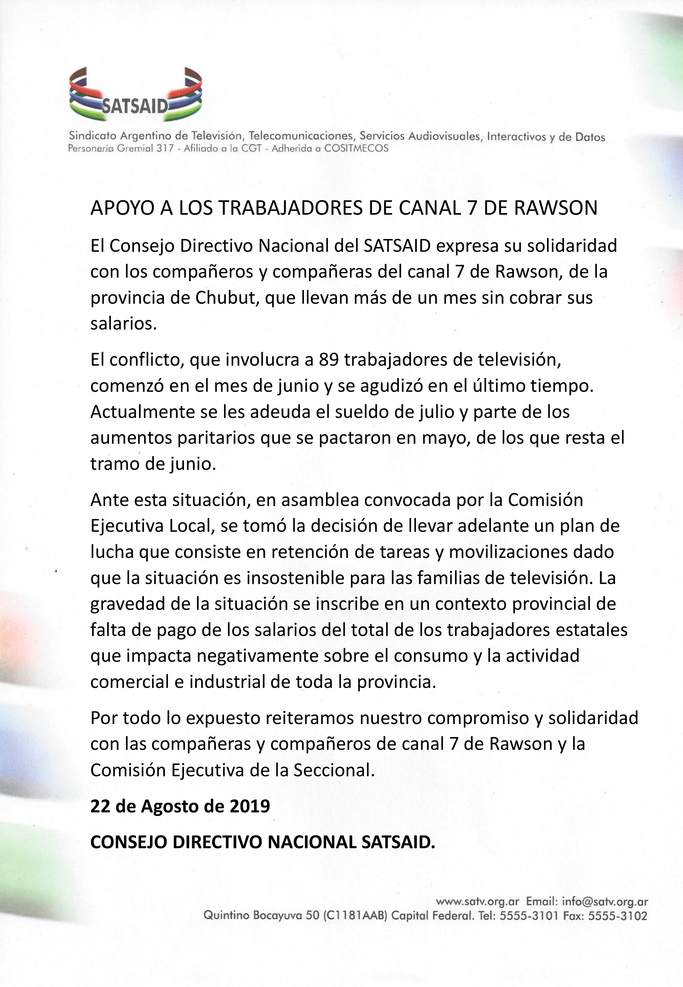 APOYO A LOS TRABAJADORES DE CANAL 7 DE RAWSON