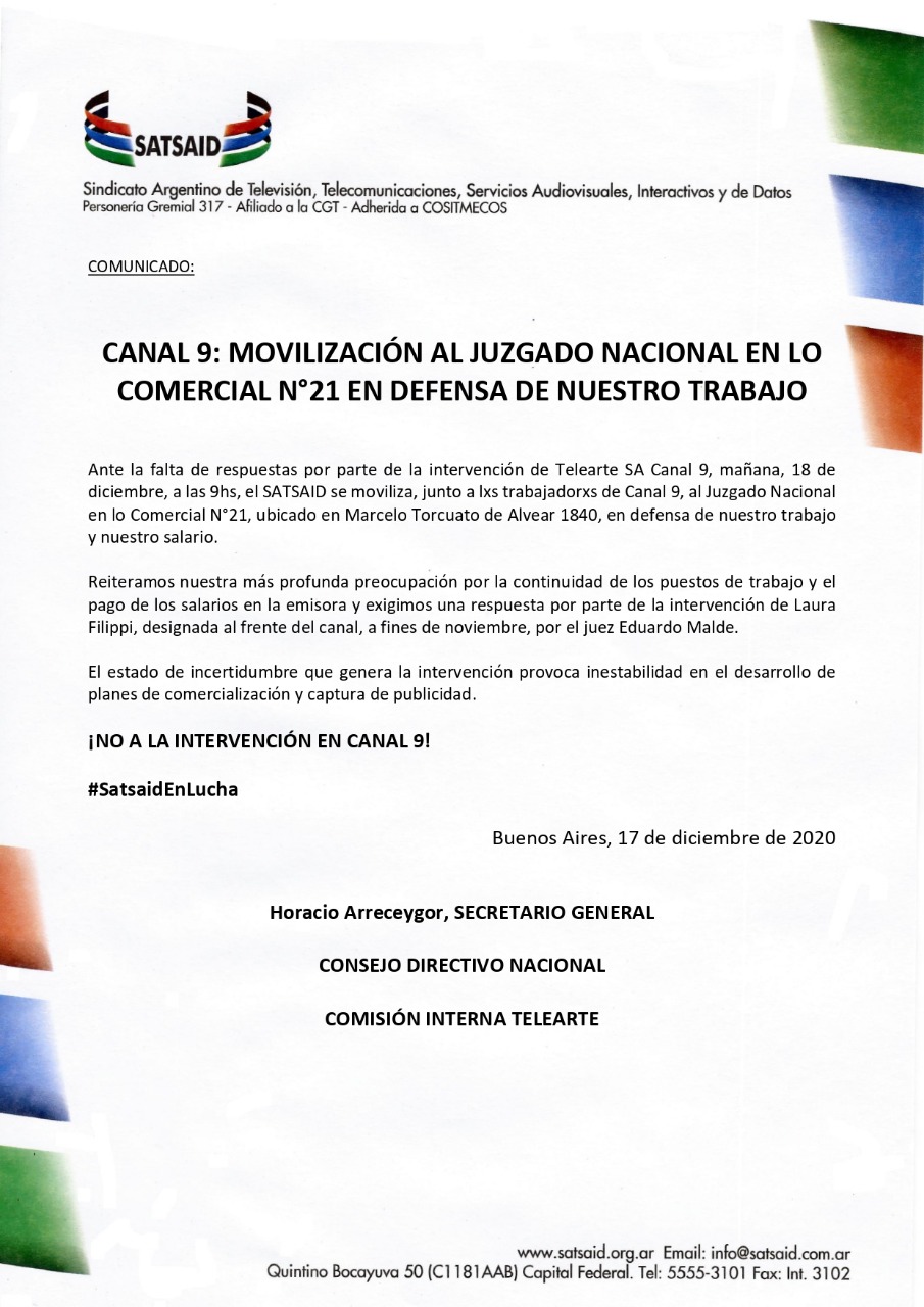 CANAL 9: MOVILIZACIÓN AL JUZGADO NACIONAL EN LO COMERCIAL N°21 EN DEFENSA DE NUESTRO TRABAJO