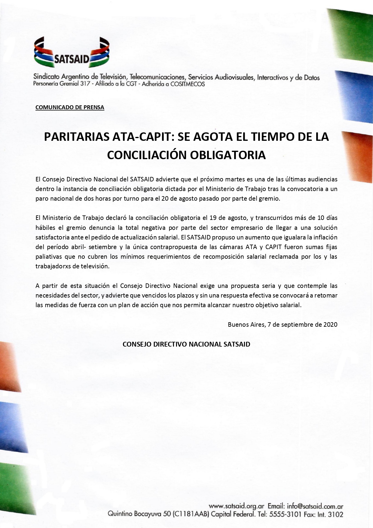 PARITARIAS ATA-CAPIT: SE AGOTA EL TIEMPO DE LA  CONCILIACIÓN OBLIGATORIA