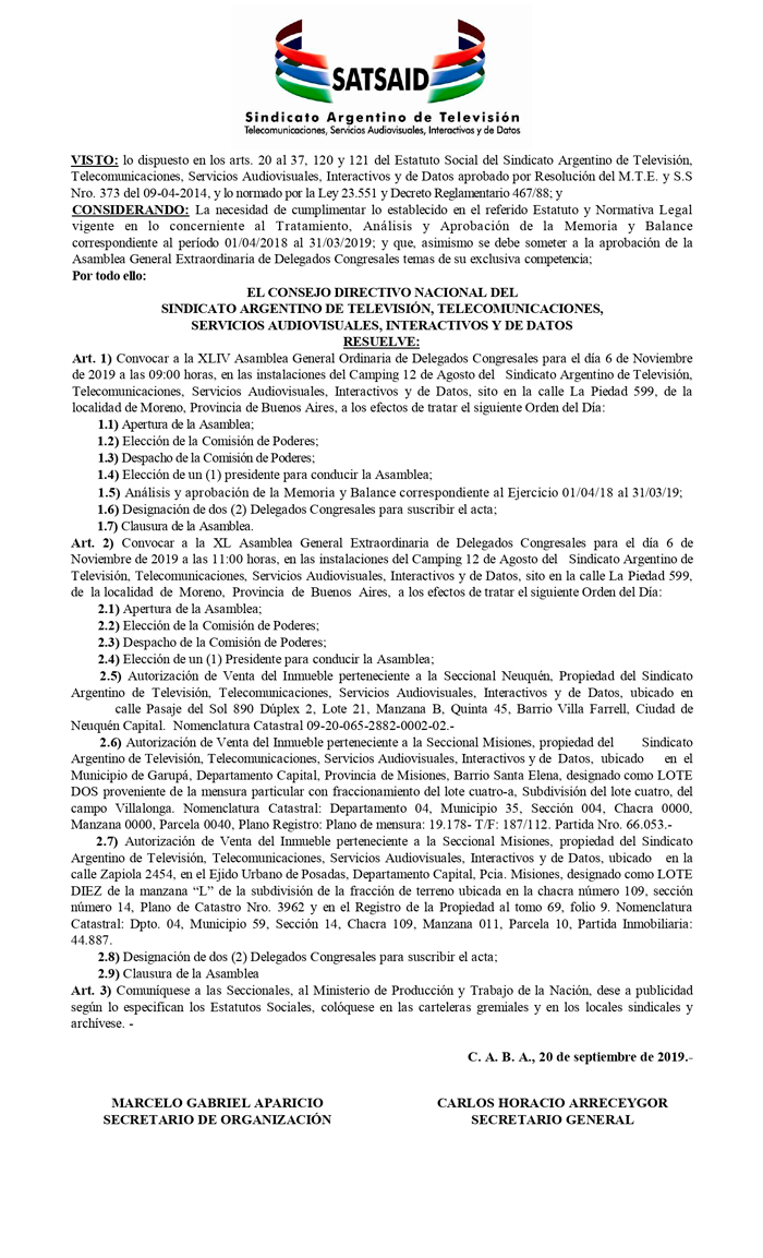 Convocatoria a la XLIV Asamblea General Ordinaria y XL Asamblea General Extraordinaria de Delegados Congresales del SATSAID