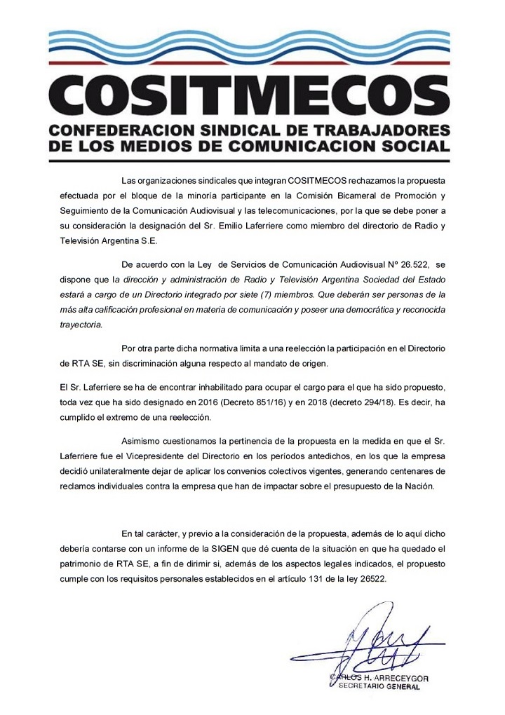 COSITMECOS REPUDIÓ EL ESPIONAJE ILEGAL DURANTE EL GOBIERNO DE MACRI Y RECHAZÓ LA DESIGNACIÓN DE EMILIO LAFERRIERE EN EL DIRECTORIO DE RTA