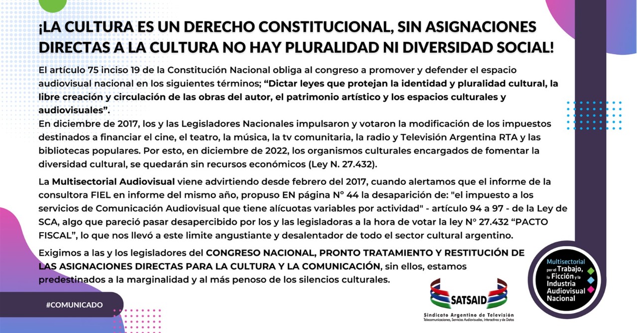 COMUNICADO DE LA MULTISECTORIAL AUDIOVISUAL: “LA CULTURA ES UN DERECHO”