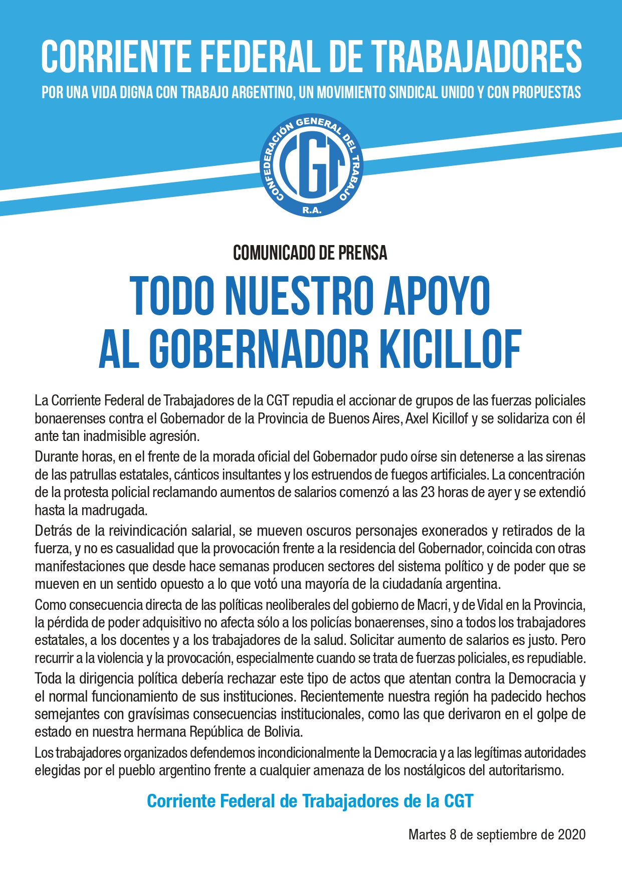 EL SATSAID, JUNTO A LA CFT, EN APOYO AL GOBERNADOR KICILLOF Y A LA DEMOCRACIA
