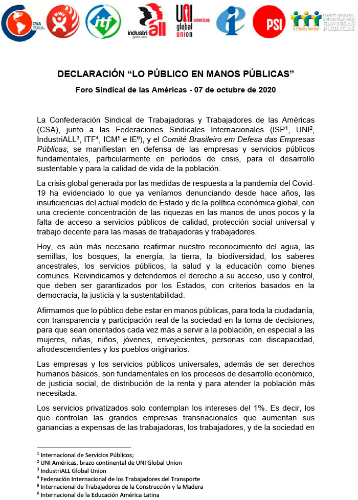 FORO SINDICAL DE LAS AMÉRICAS: DECLARACIÓN “LO PÚBLICO EN MANOS PÚBLICAS