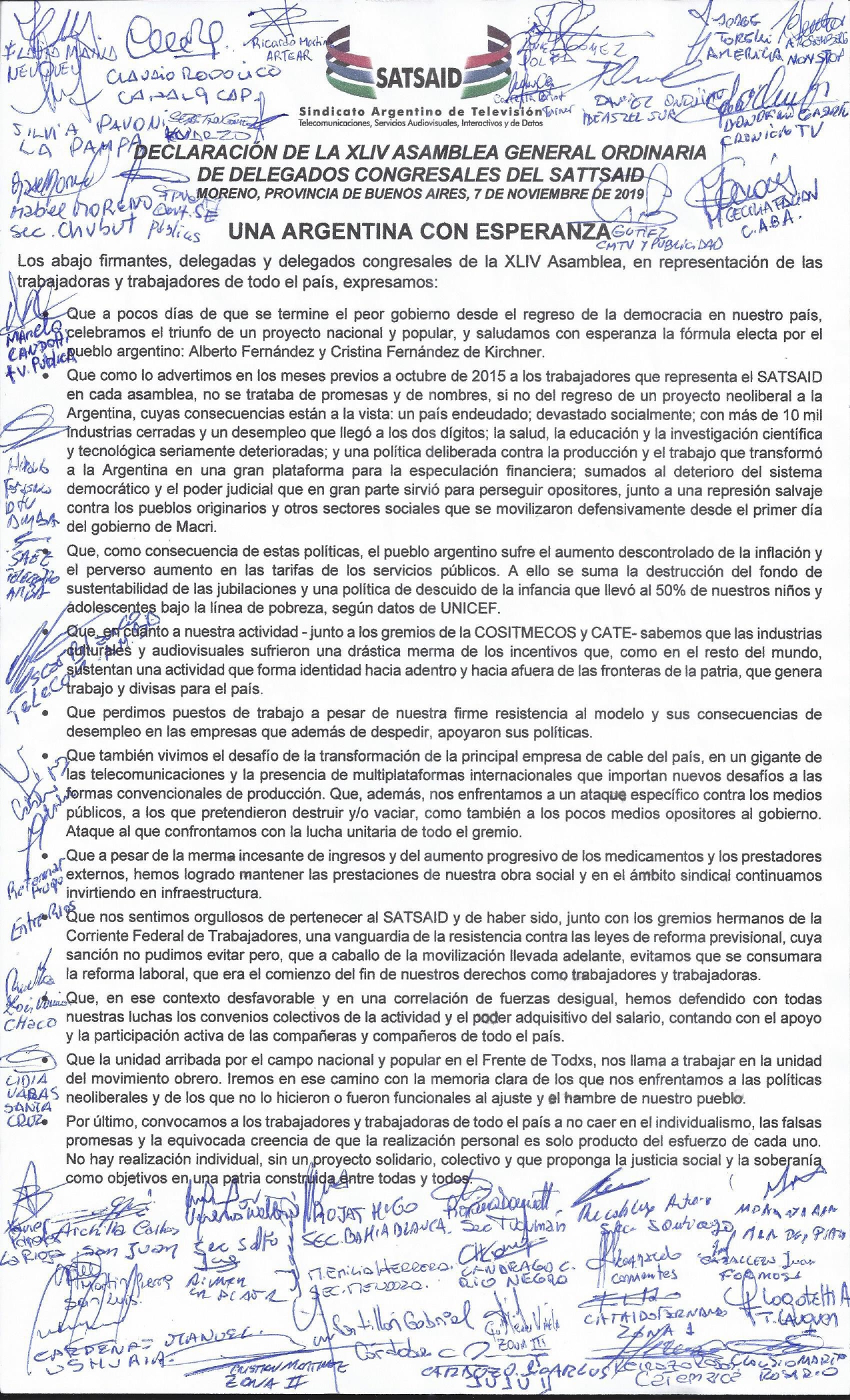 Declaración de la XLIV Asamblea General de Delegados Congresales del SATSAID