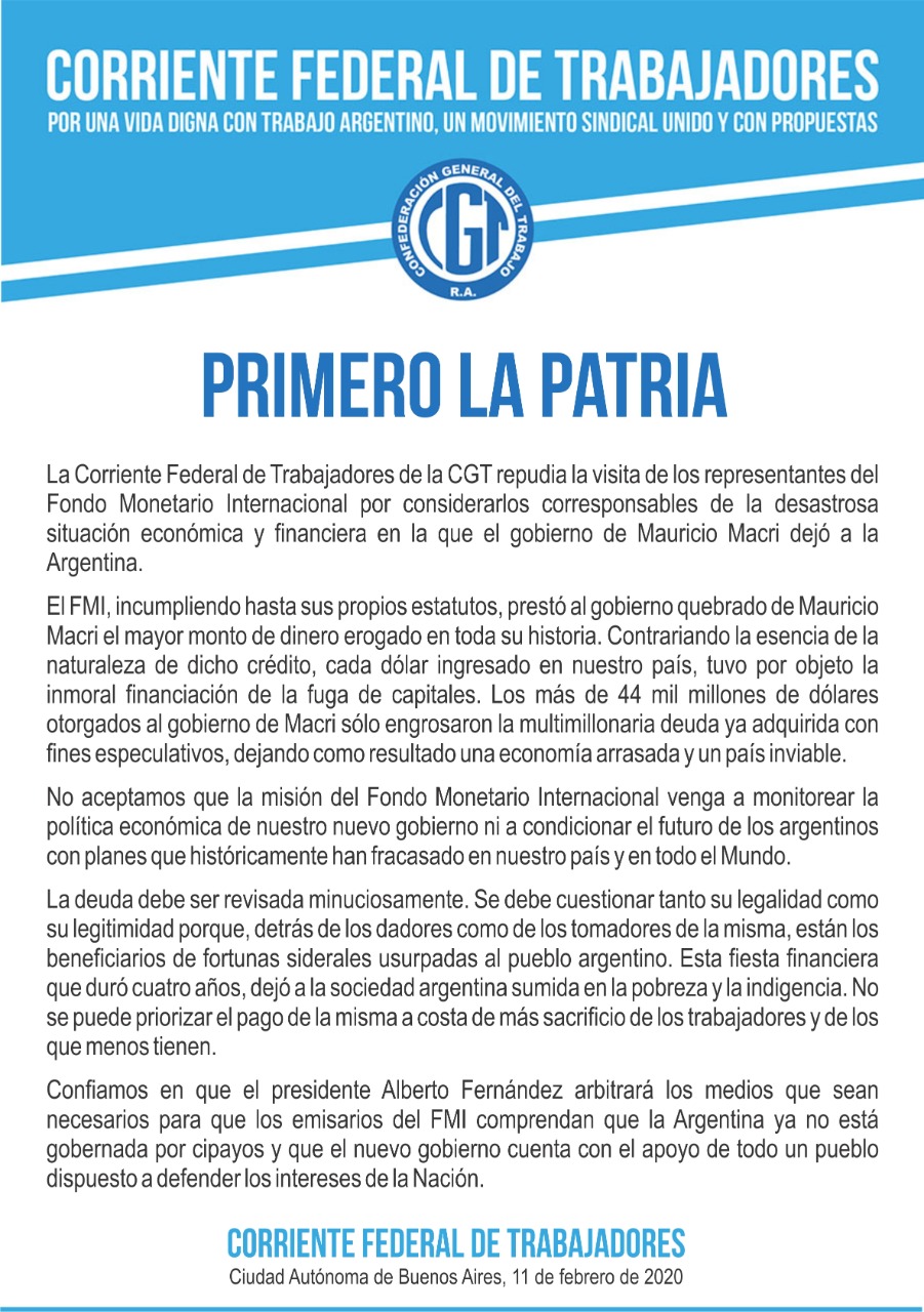 DOCUMENTO DE LA CFT POR LA LLEGADA DE LA MISIÓN DEL FMI Y ACUERDO CON LAS PYMES