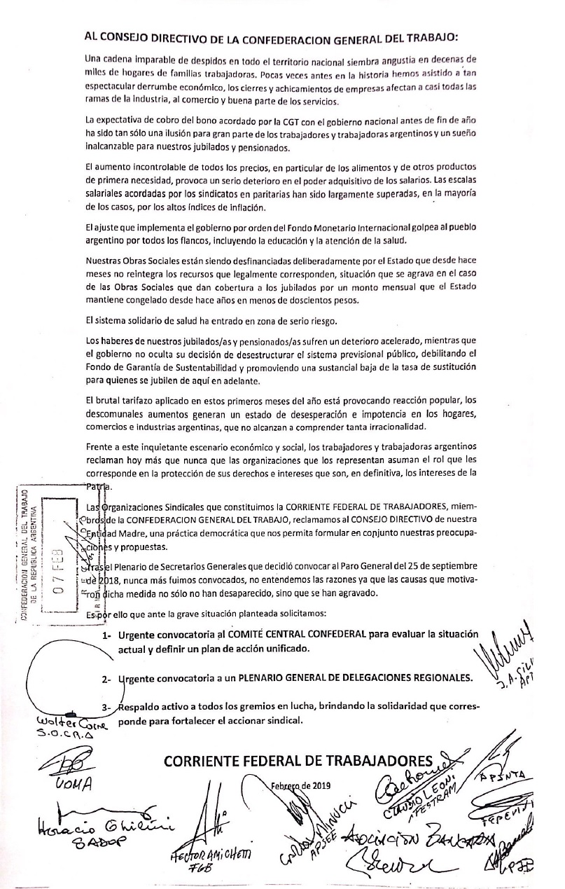 Declaración del Plenario de Secretarios Generales de la Corriente Federal de Trabajadores