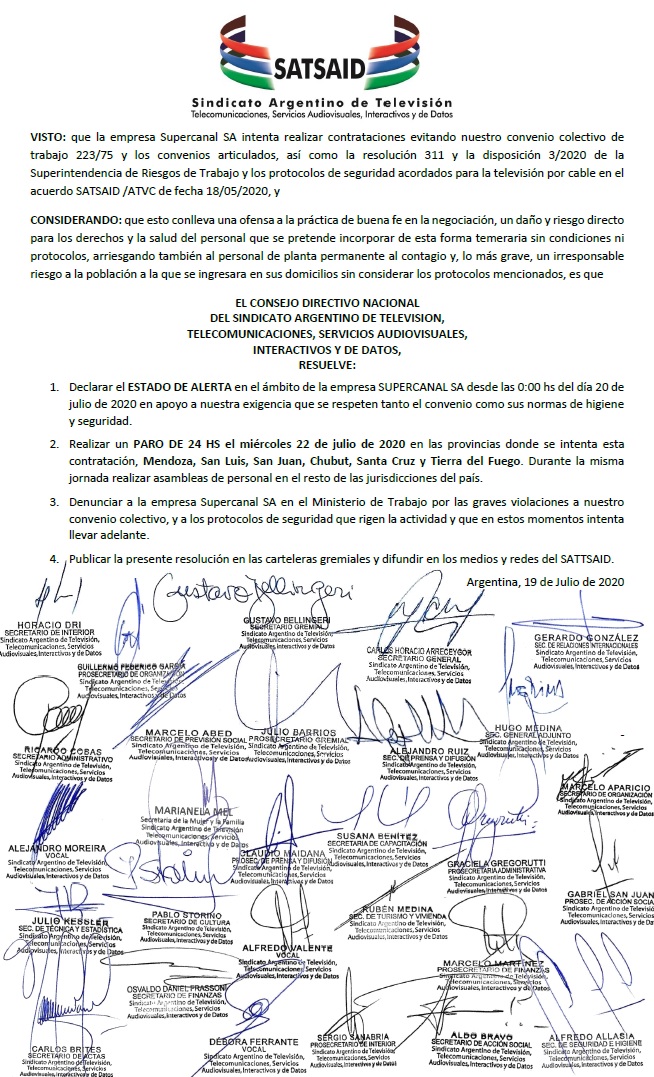 EL SATSAID CONVOCA A PARO EN SUPERCANAL