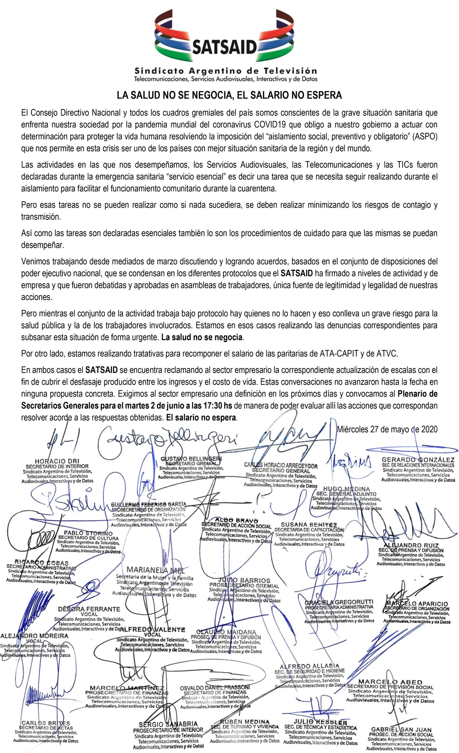 LA SALUD NO SE NEGOCIA, EL SALARIO NO ESPERA