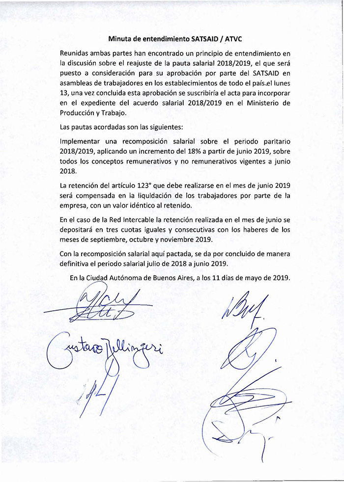 Preacuerdo con ATVC consolida 52,5% de aumento julio 2018 a junio 2019