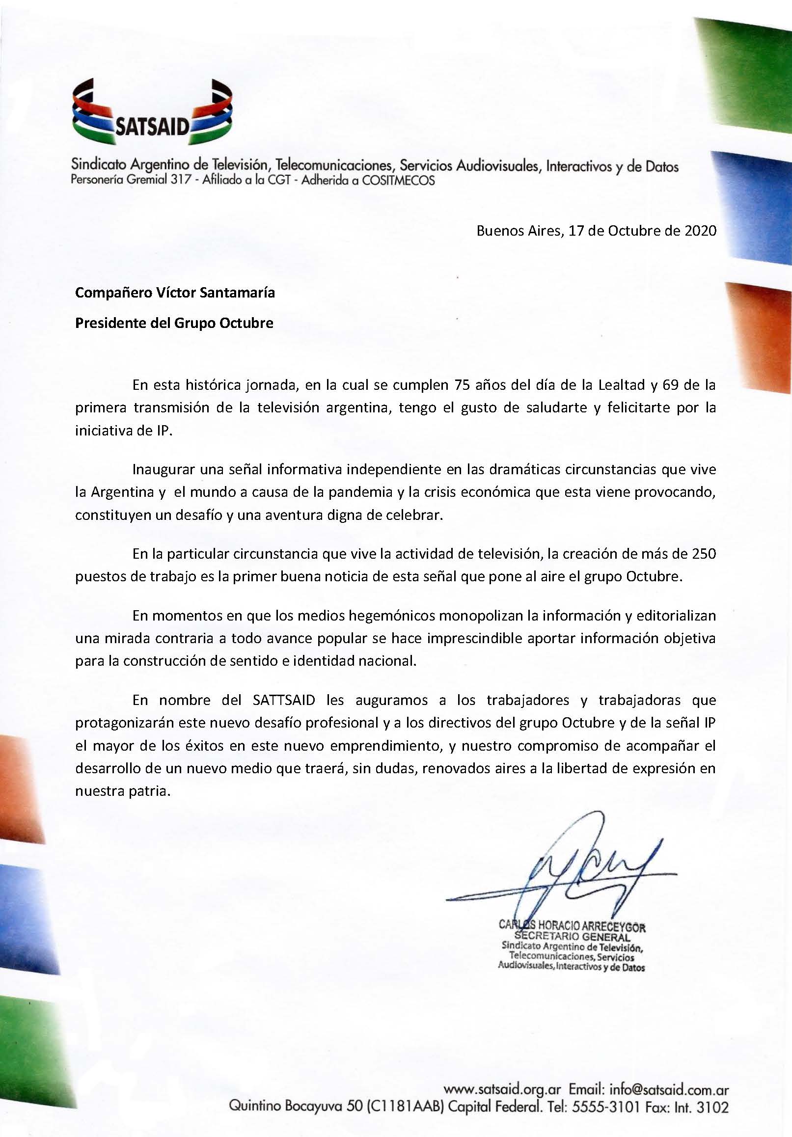 CARTA DE ARRECEYGOR A SANTA MARIA POR LA PUESTA EN EL AIRE DE LA SEÑAL IP NOTICIAS