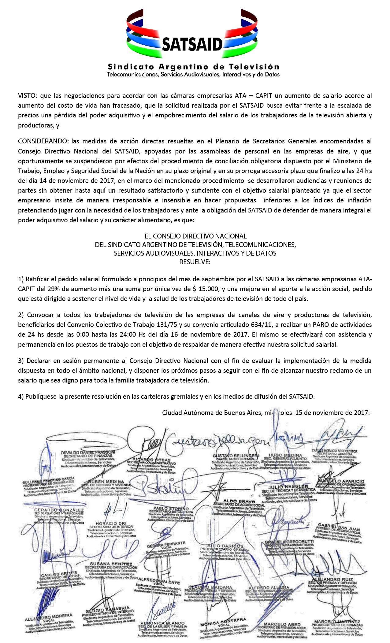 EL SATSAID dispuso paro nacional de 24hs.