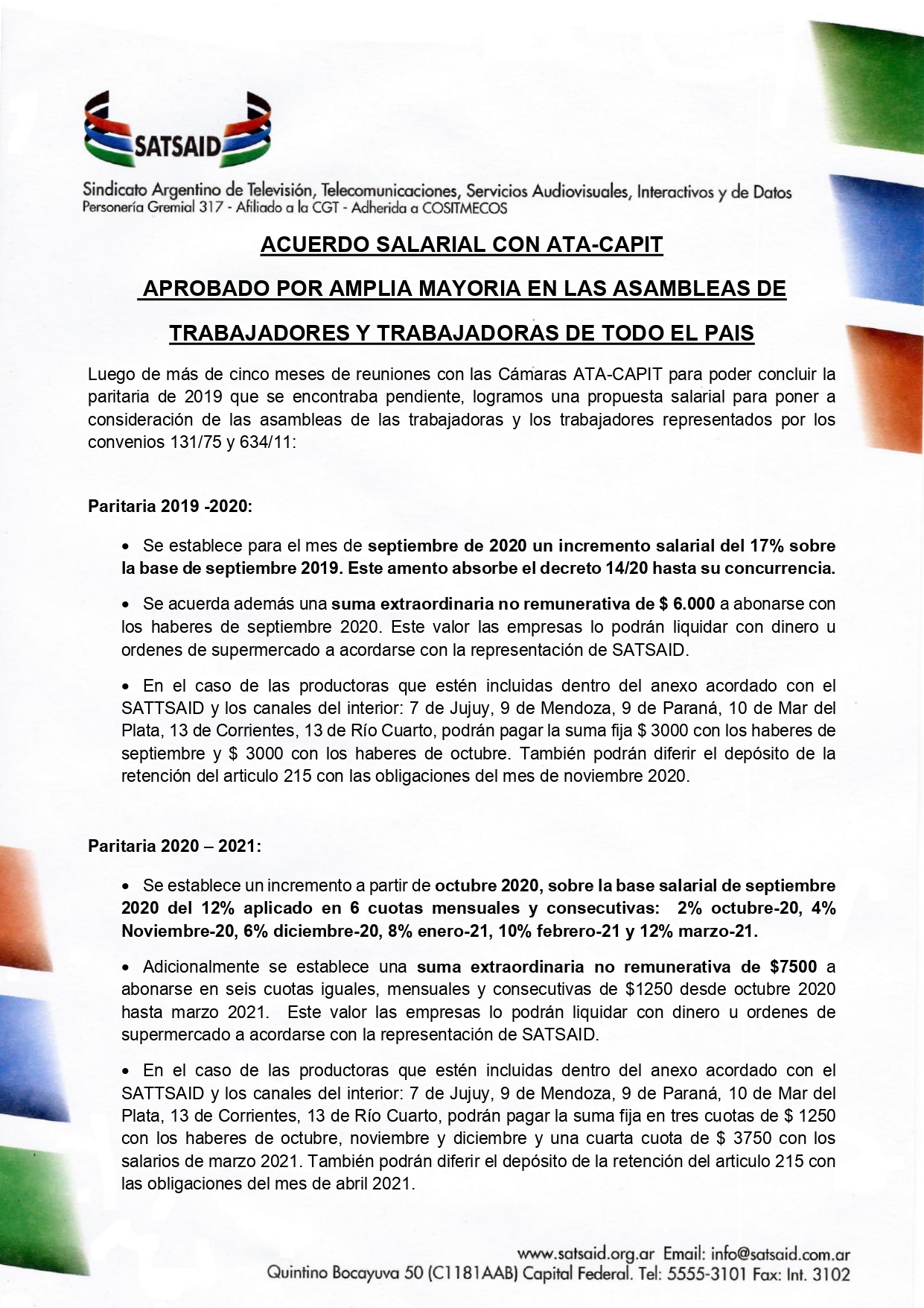 ACUERDO SALARIAL CON ATA-CAPIT: APROBADO POR AMPLIA MAYORIA EN TODO EL PAIS