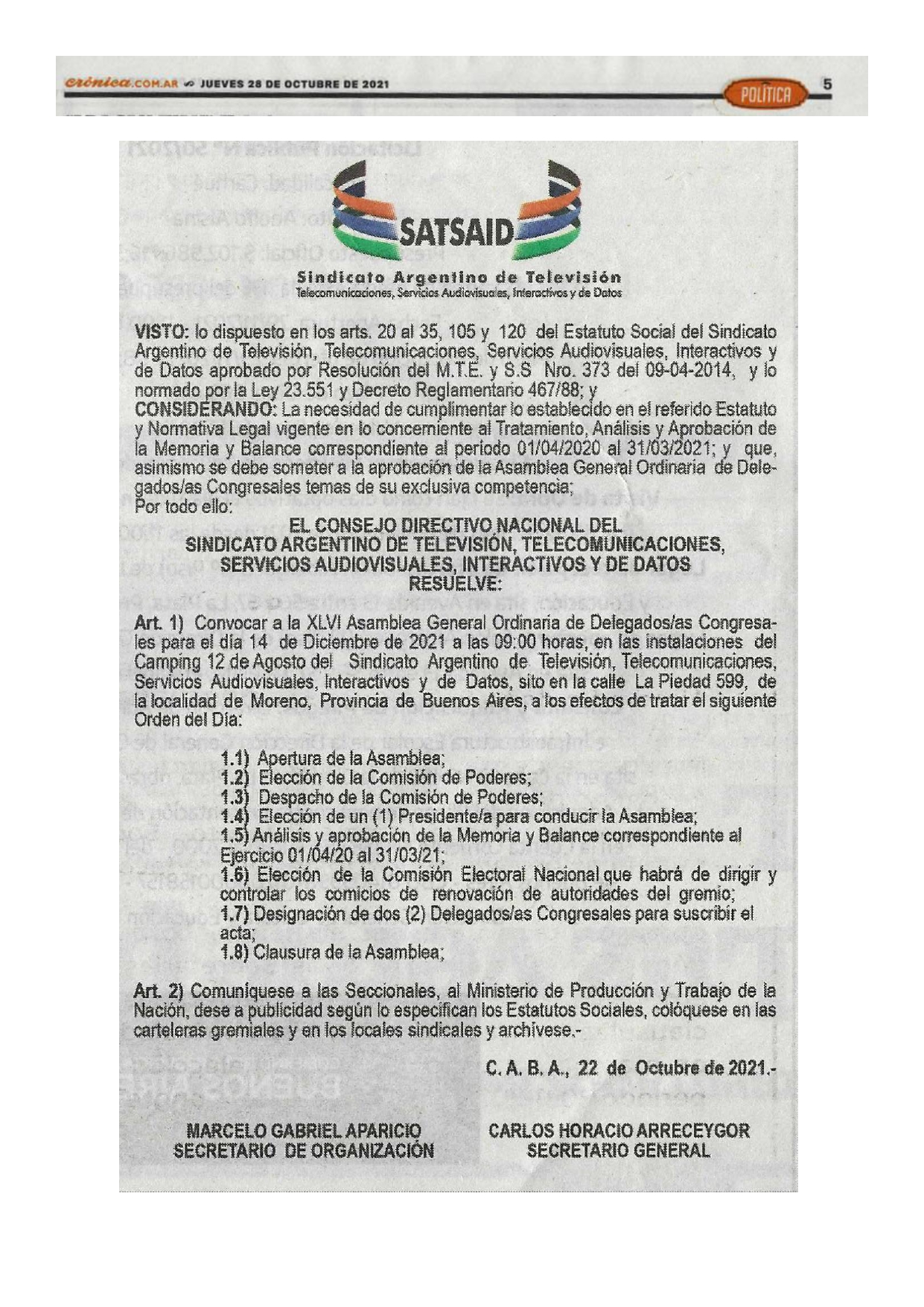 CONVOCATORIA A LA 46° ASAMBLEA GENERAL DE DELEGADXS CONGRESALES