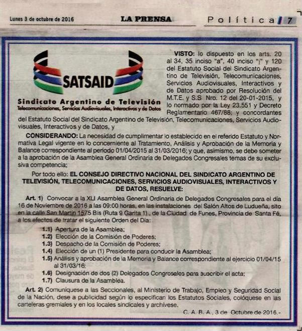 Convocatoria: Asamblea Gral. Ordinaria