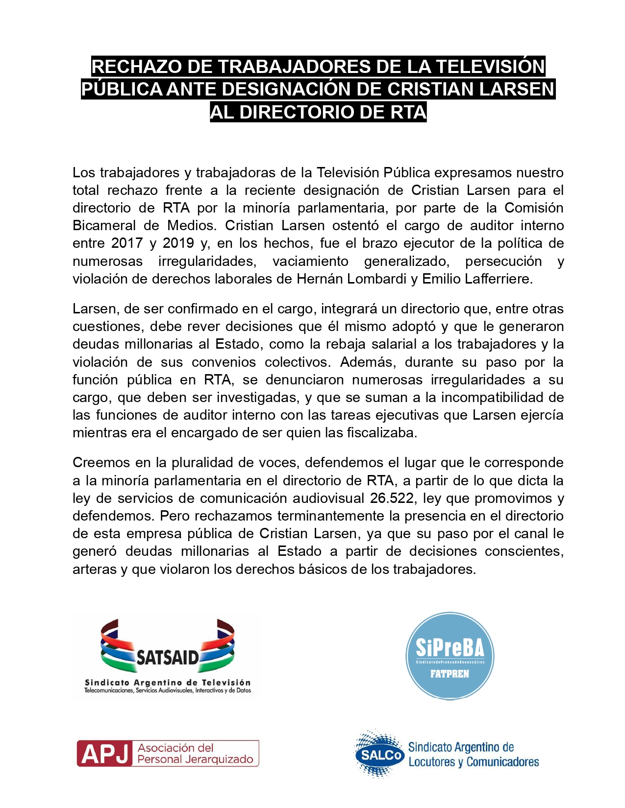 RECHAZO DE TRABAJADORXS DE LA TV PÚBLICA ANTE DESIGNACIÓN DE CRISTIAN LARSEN EN EL DIRECTORIO DE RTA