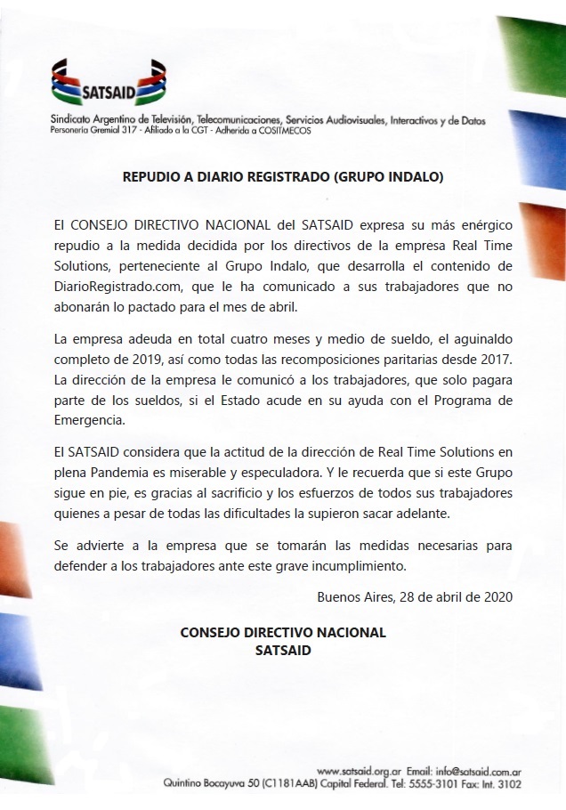 REPUDIO A DIARIO REGISTRADO (GRUPO INDALO)