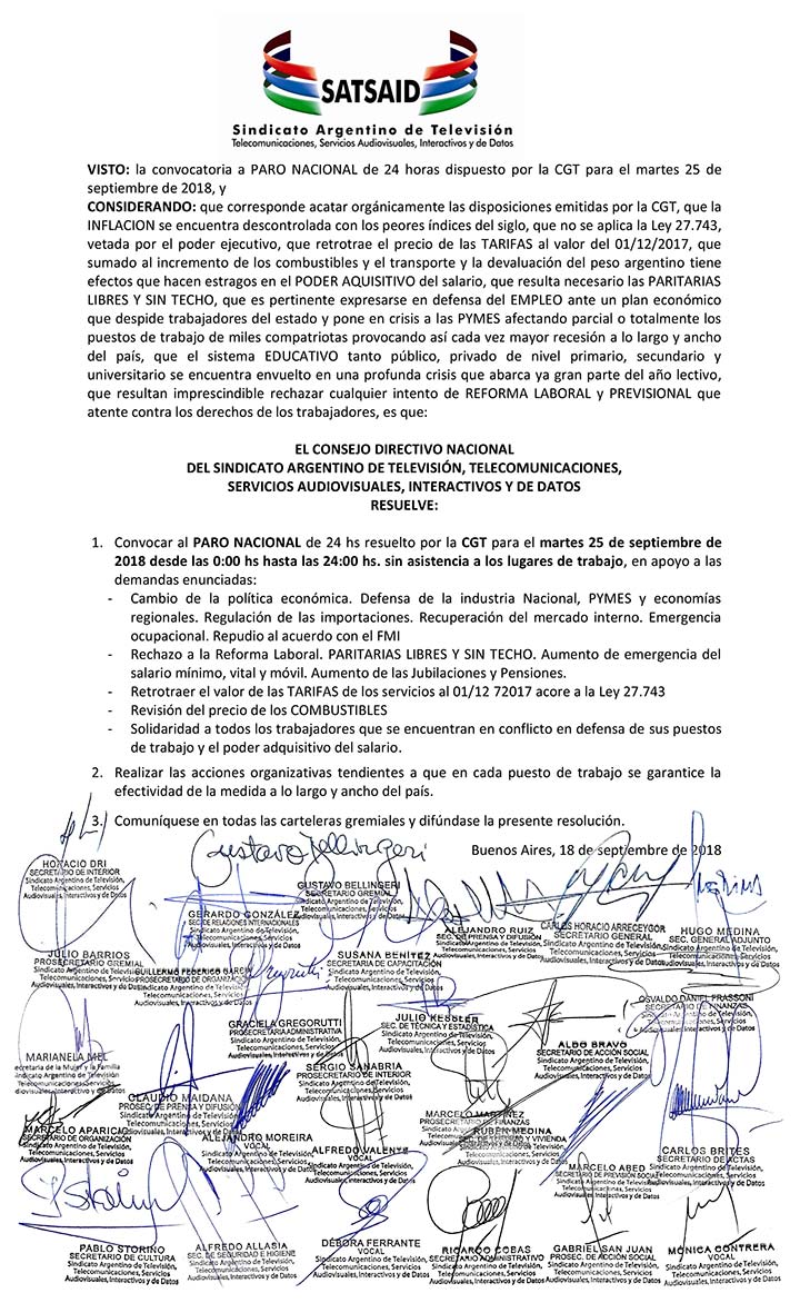 El SATSAID adhiere al paro nacional del 25/9