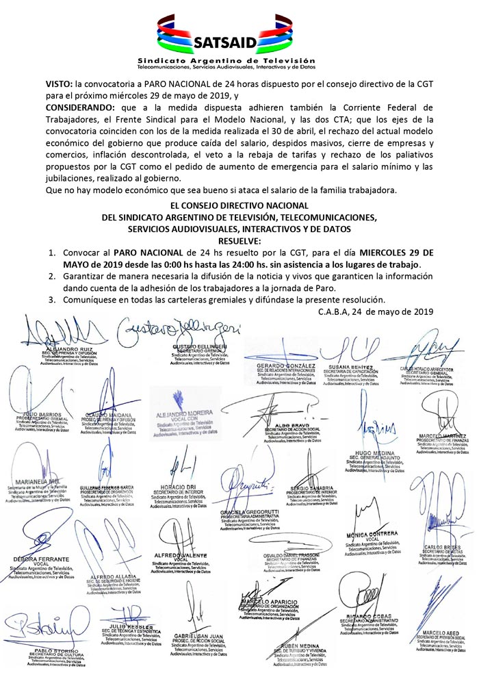 EL 29 DE MAYO EL SATSAID VA AL PARO NACIONAL