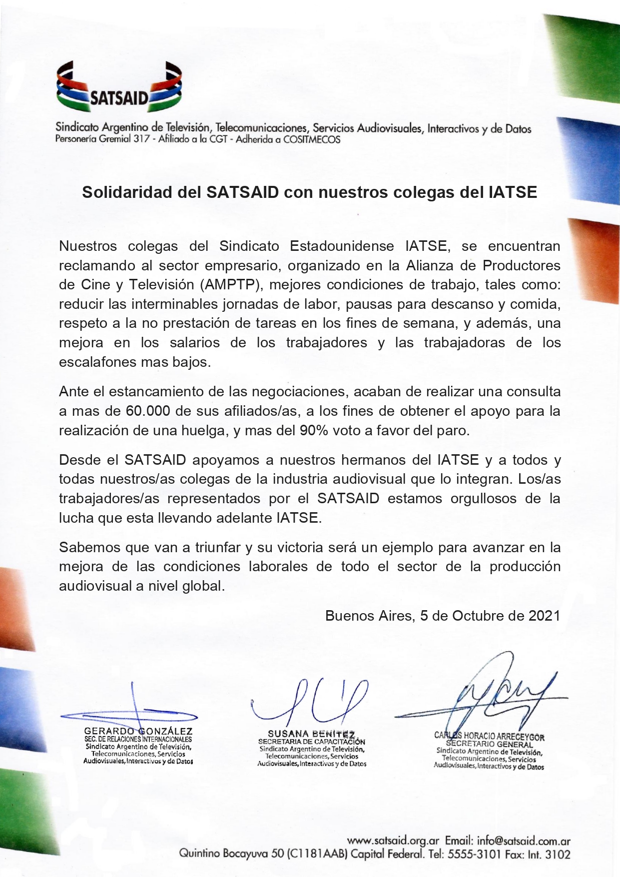 SOLIDARIDAD DEL SATSAID CON NUESTROS COLEGAS DEL IATSE