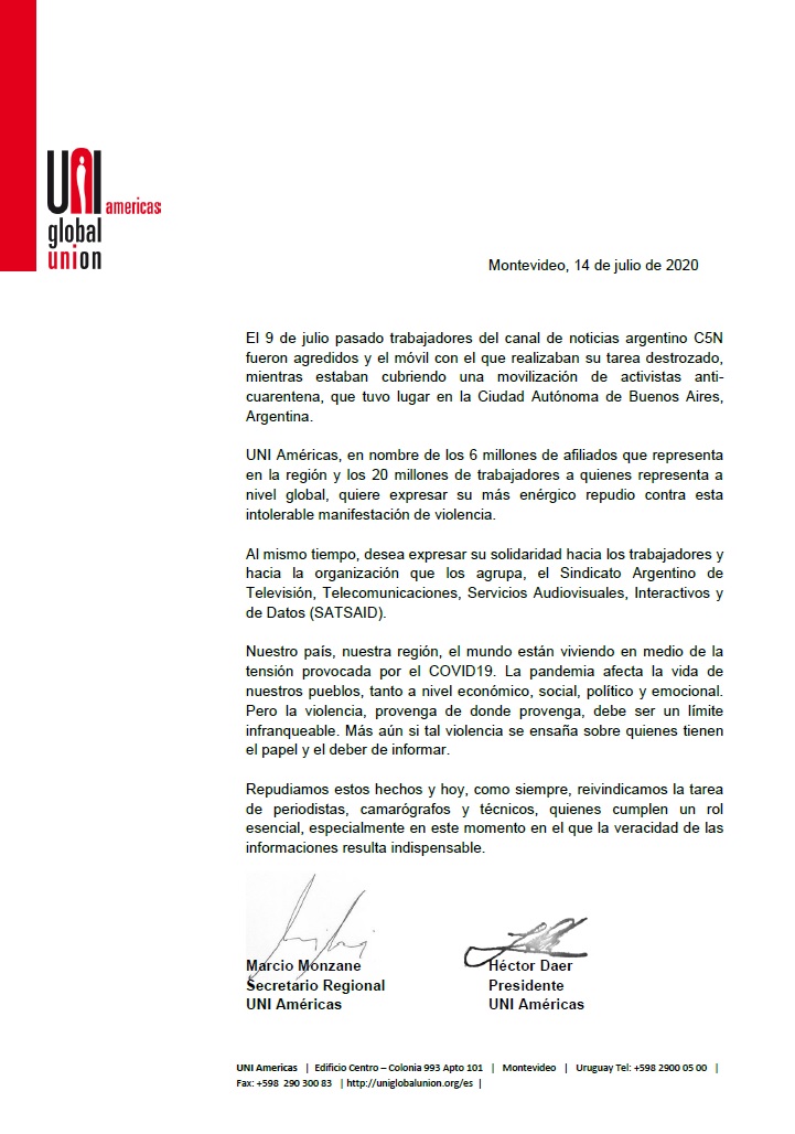 SOLIDARIDAD INTERNACIONAL CON LAS Y LOS TRABAJADORES DE C5N, REPRESENTADOS POR EL SATSAID