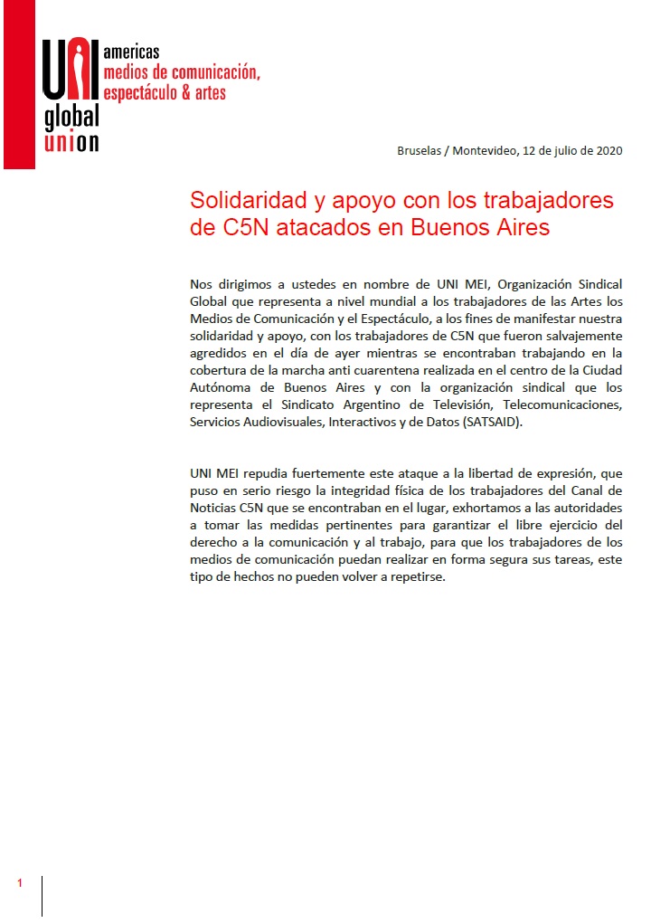 UNI MEI: SOLIDARIDAD CON LOS TRABAJADORES DE C5N