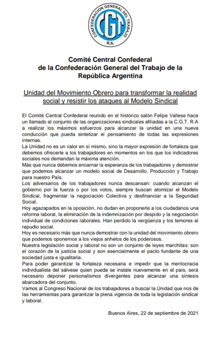 COMUNICADO DEL COMITE CENTRAL CONFEDERAL DE LA CGT