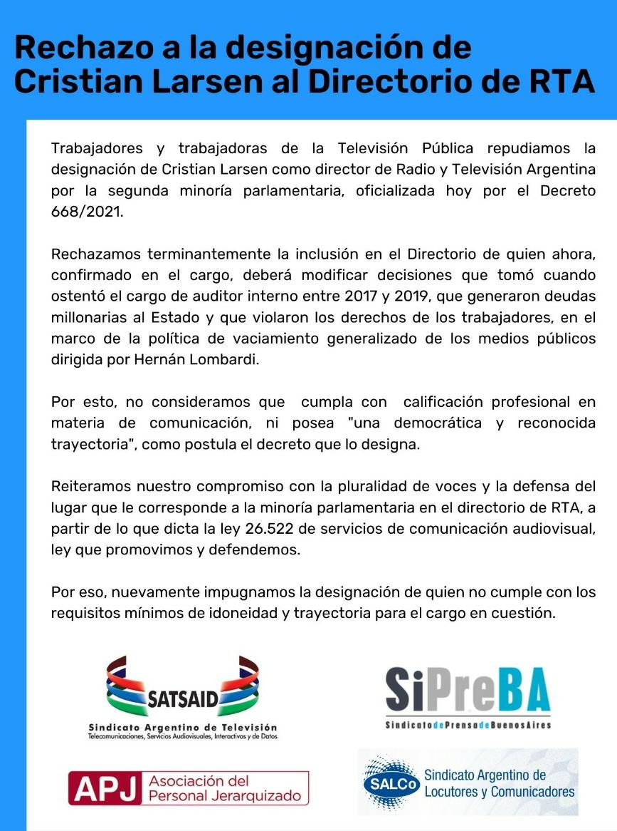 RECHAZO A LA DESIGNACIÓN DE CRISTIAN LARSEN AL DIRECTORIO DE RTA