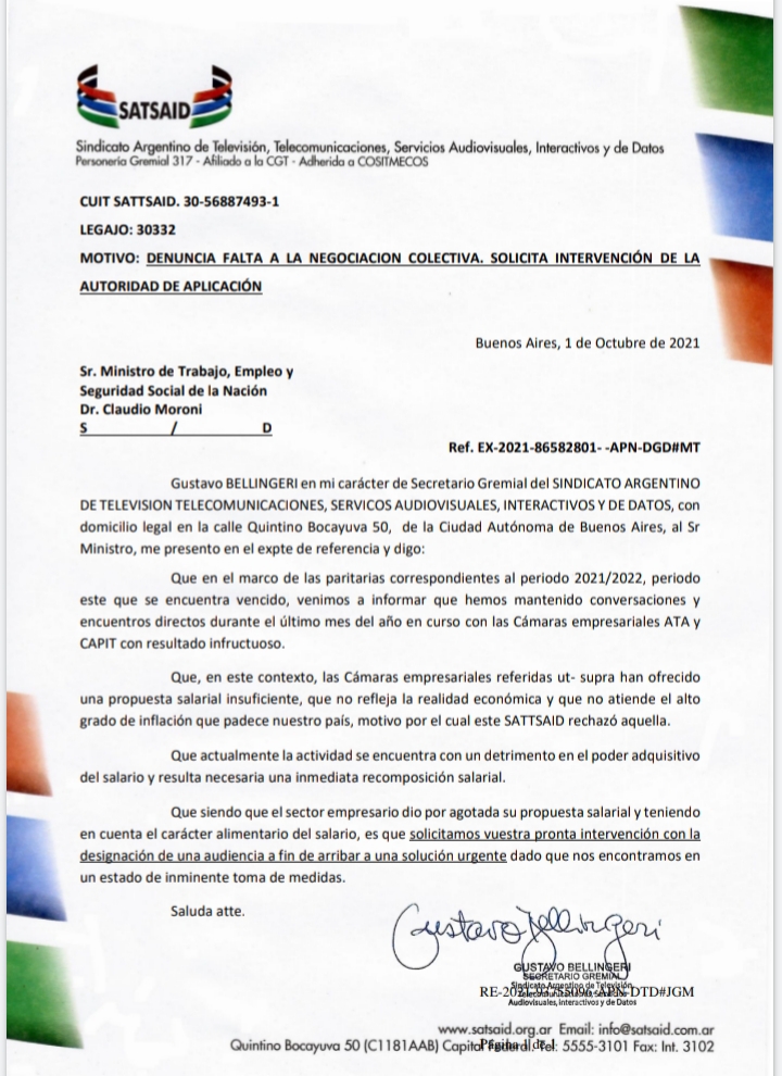 PARITARIA ATA-CAPIT: ANTE LA INSUFICIENTE PROPUESTA EMPRESARIA EL SATSAID PIDE INTERVENCION DEL MINISTERIO DE TRABAJO