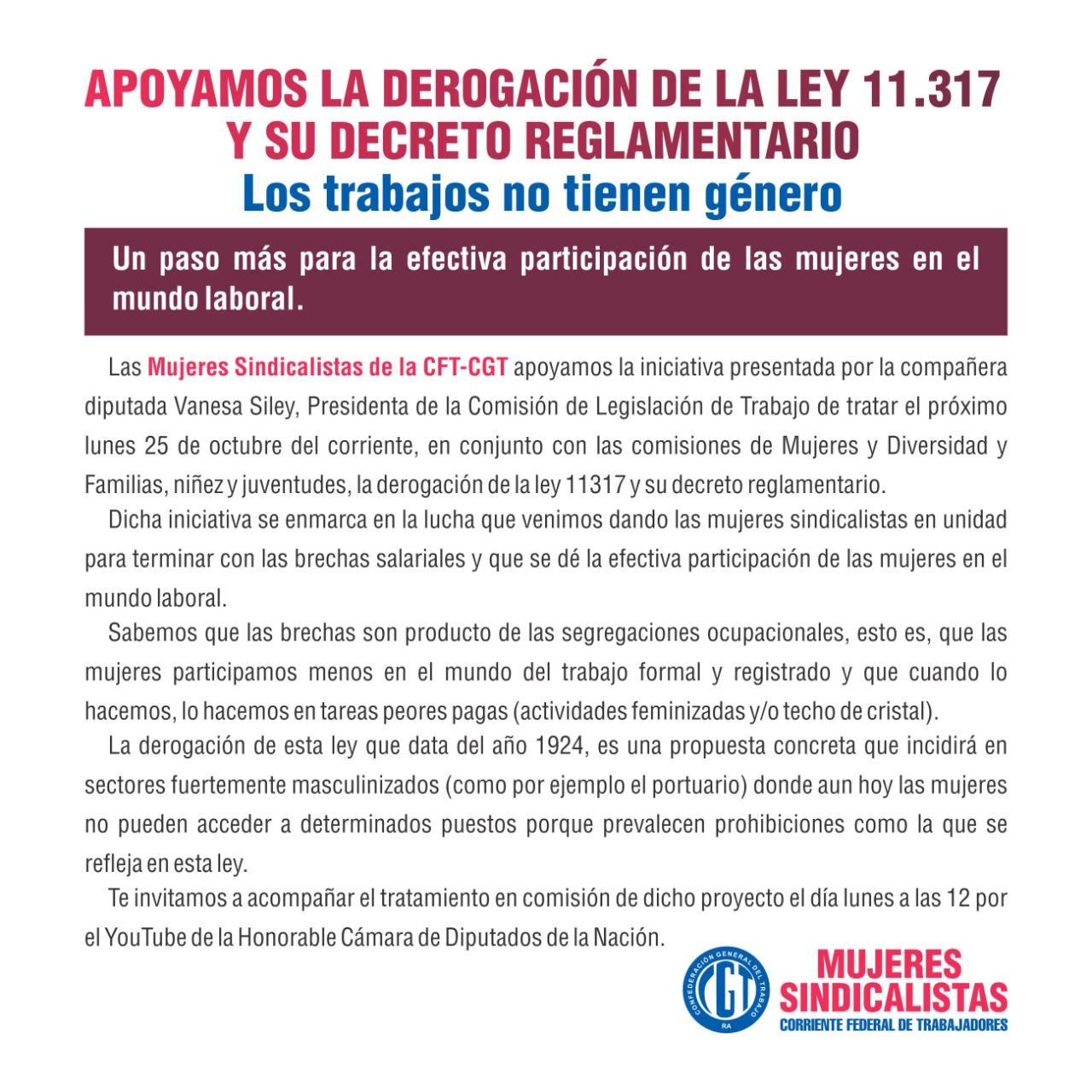 “LOS TRABAJOS NO TIENEN GÉNERO”: SATSAID PRESENTE POR LA DEROGACION DE LA LEY 11.317