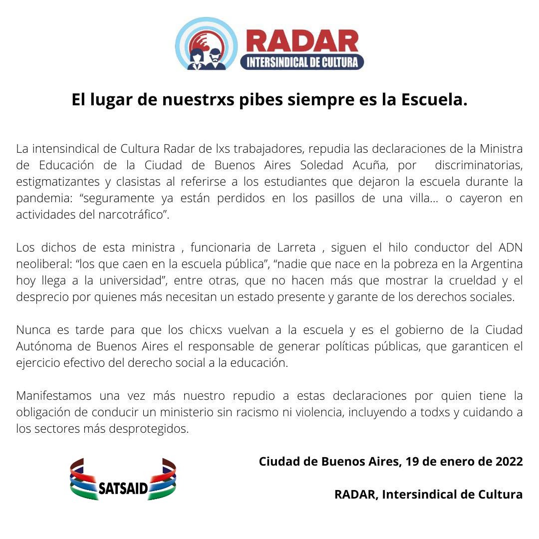 COMUNICADO DE RADAR: “EL LUGAR DE NUESTRXS PIBXS SIEMPRE ES LA ESCUELA”