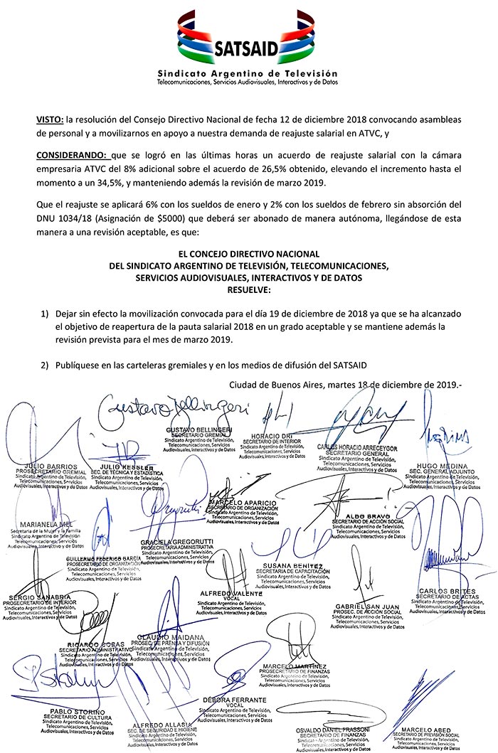Acuerdo con ATVC por revisión salarial