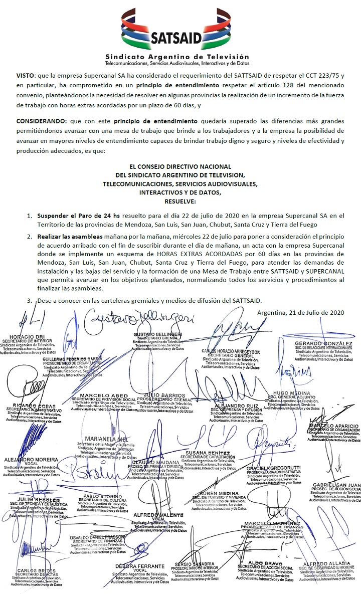 ACUERDO EN SUPERCANAL: SE LEVANTA EL PARO