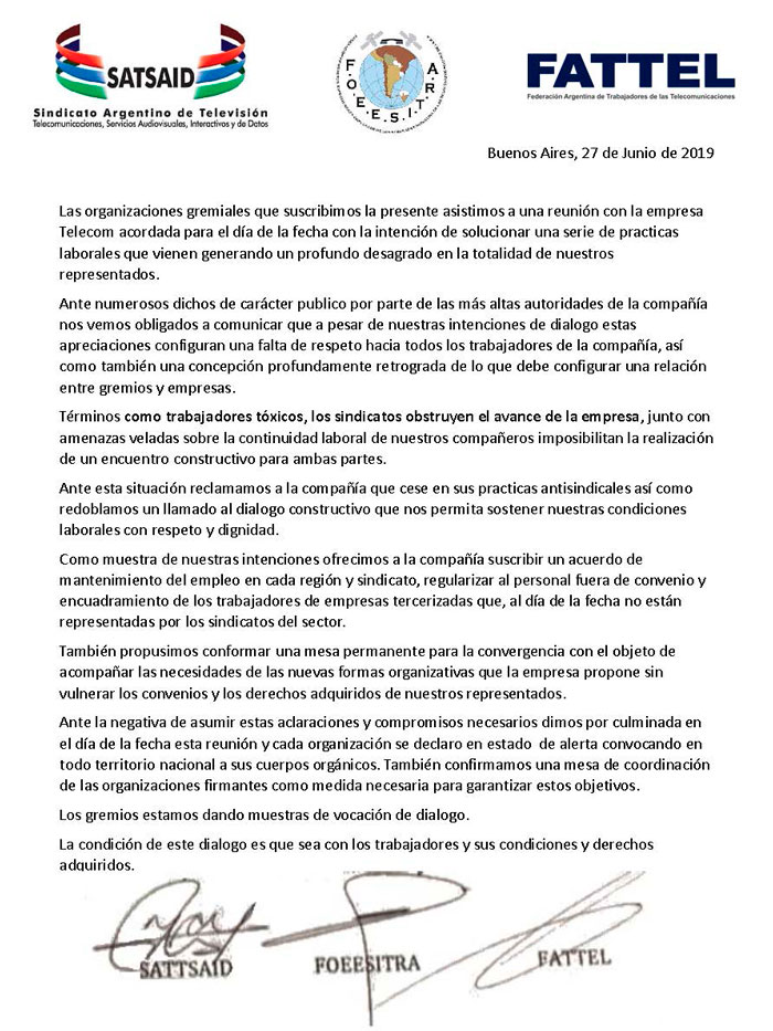 Advertencia de los gremios a Telecom