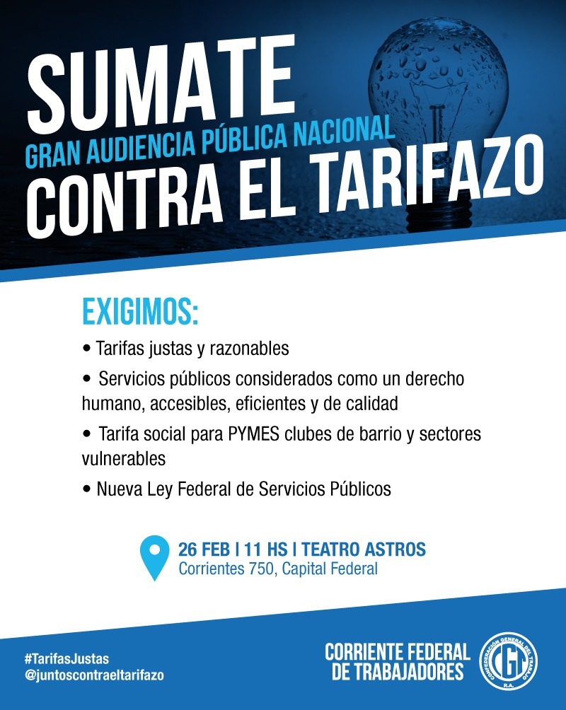 El martes 26/2, todoxs a la Gran Audiencia Pública Nacional contra el Tarifazo