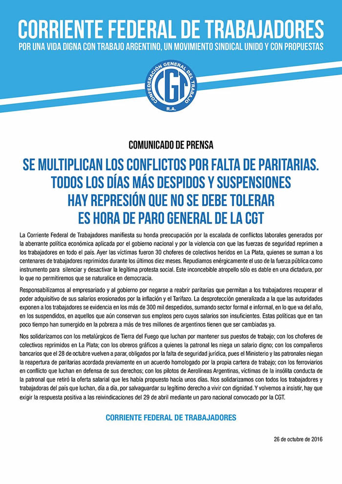La Corriente Federal exige paro general a la CGT