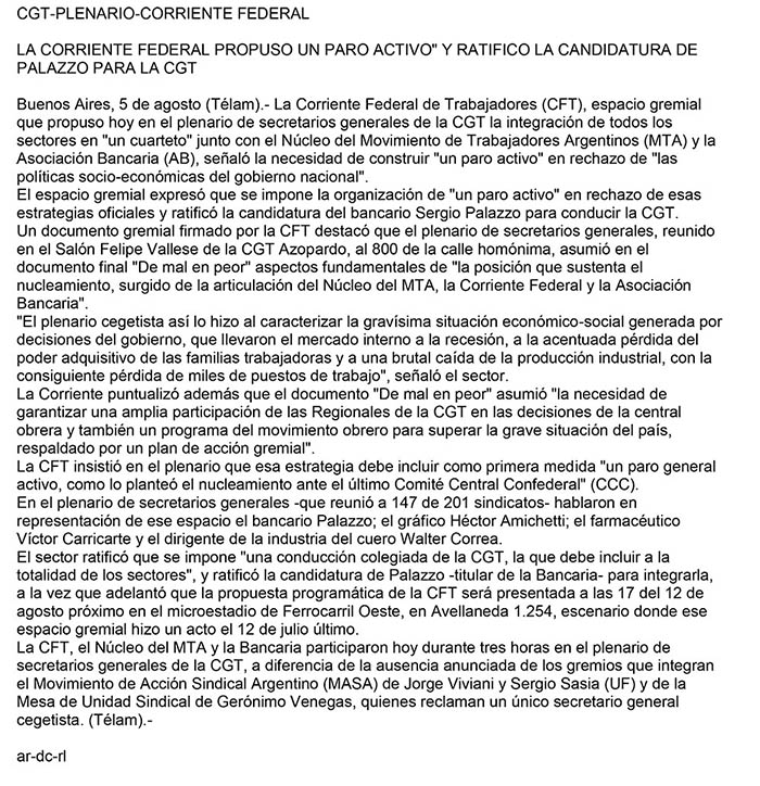 Palazzo en el Plenario de Sec. Grales. de la CGT