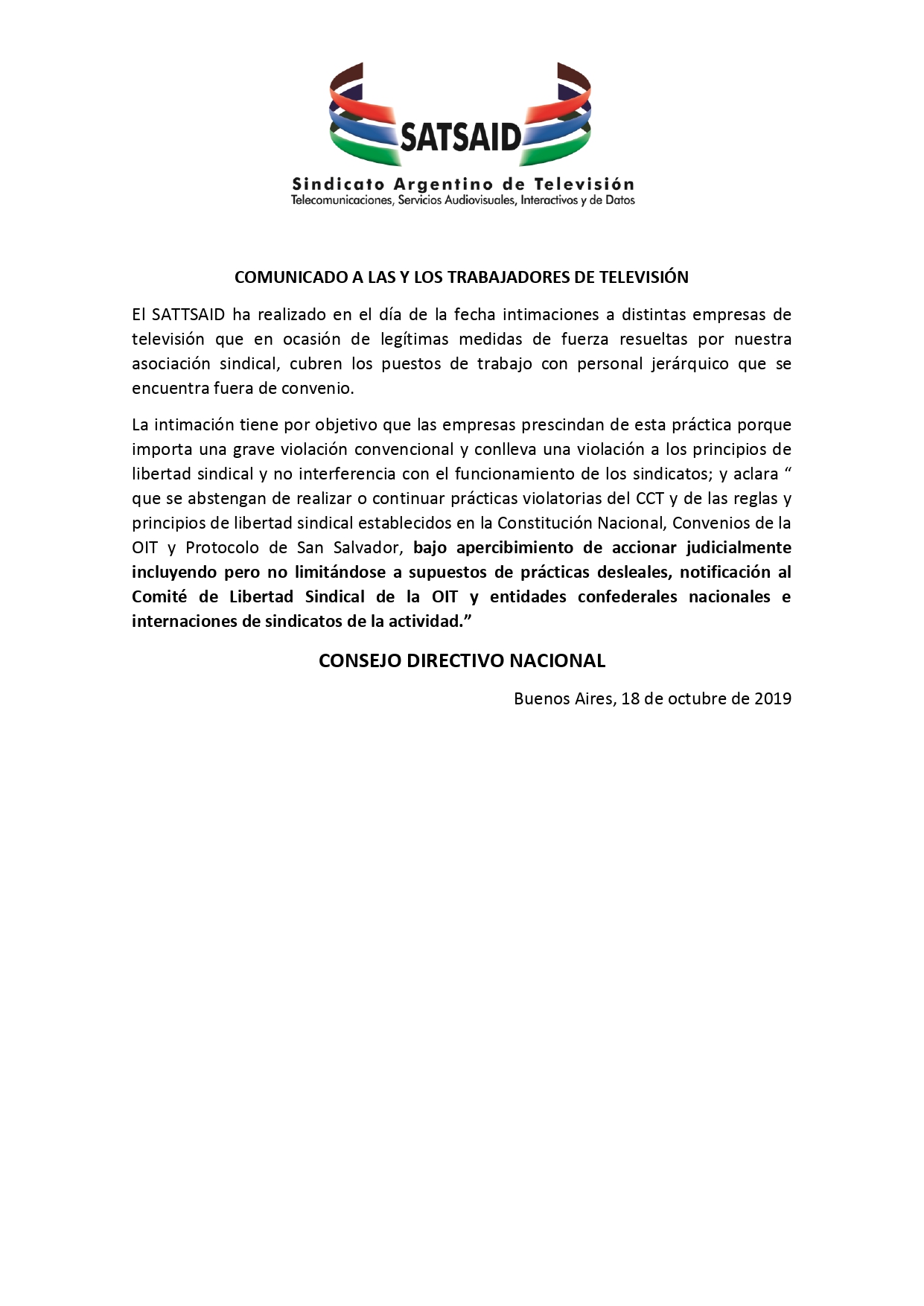 Comunicado a las y los trabajadores de televisión
