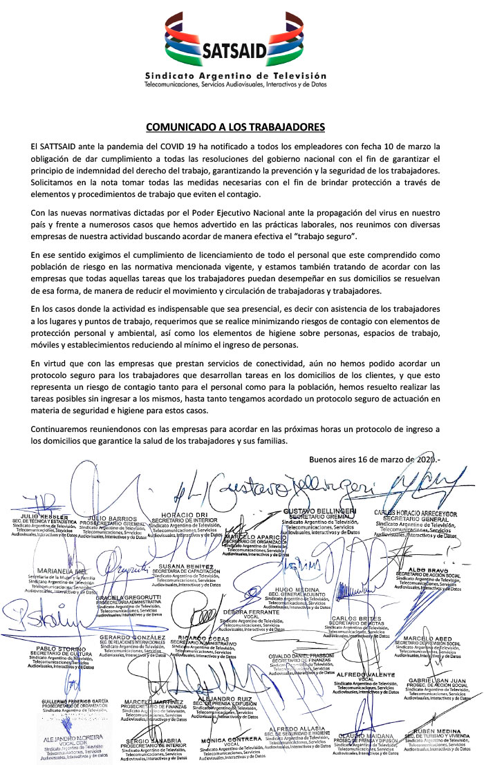 COMUNICADO A LOS TRABAJADORES CON RESPECTO AL COVID-19