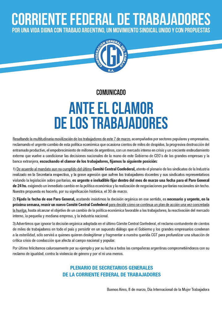 COMUNICADO DE LA CORRIENTE FEDERAL DE TRABAJADORES