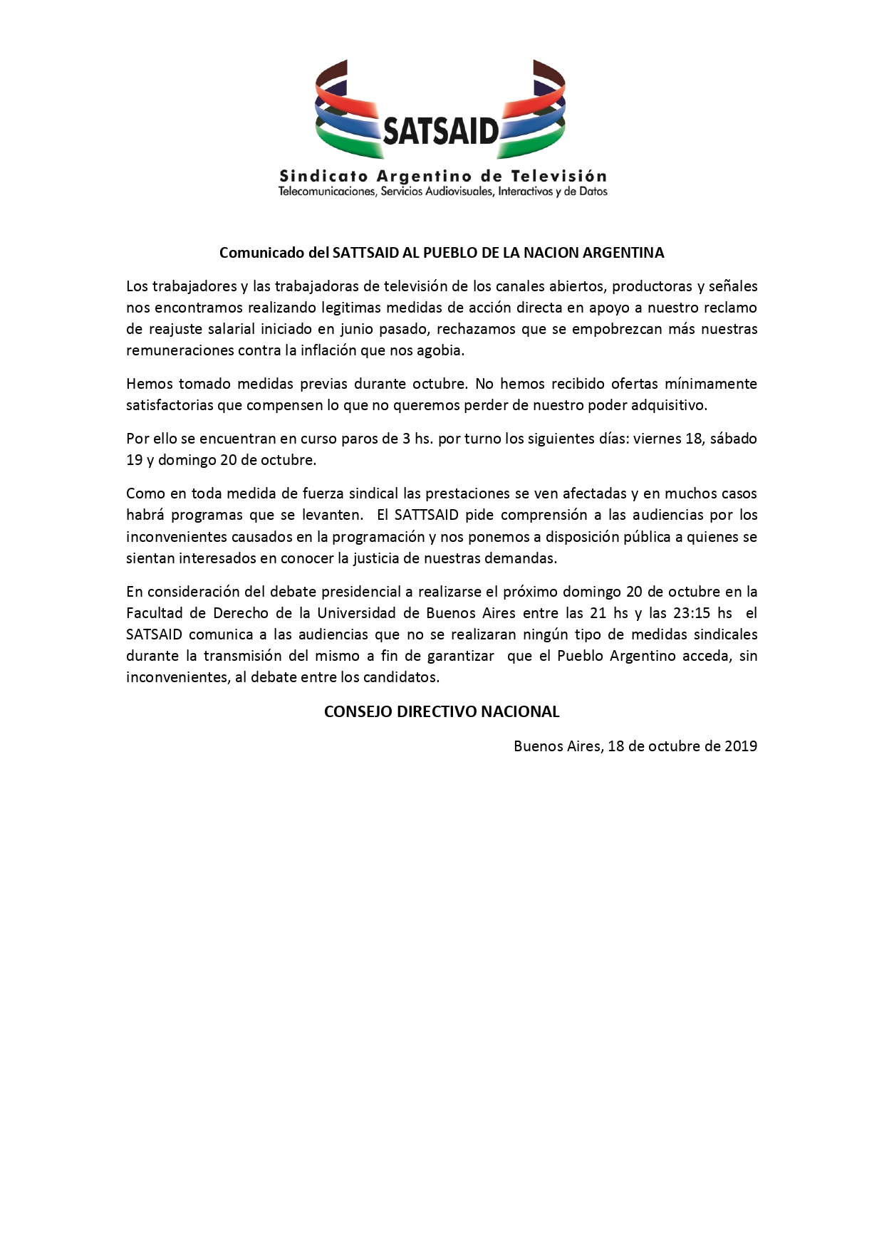 Comunicado del SATSAID sobre la transmisión del debate presidencial