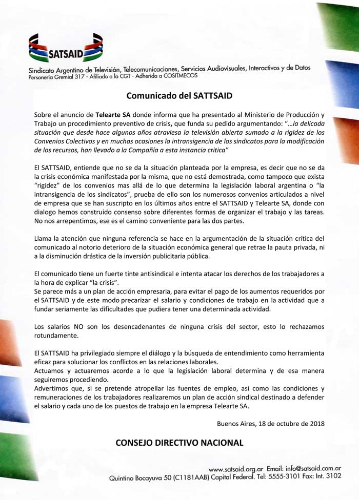 Comunicado del CDN acerca de la situación en Telearte S.A.