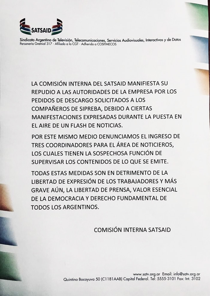 La Comisión Interna del SATSAID se solidariza con los compañeros de SIPREBA de la TV Pública