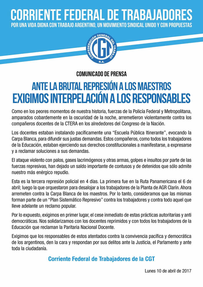 Ante la brutal represión a los maestros exigimos interpelación a los responsables